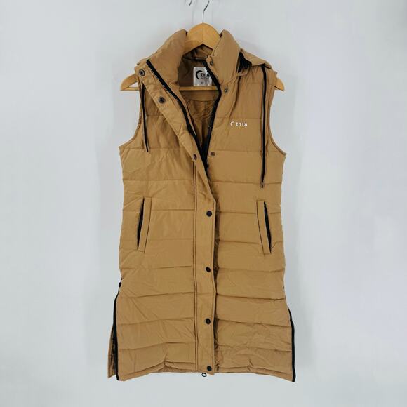 Zyia Active Long Puffer Vest Tan Quilted Zip Front Size XS Athleisure Layering - Picture 1 of 10